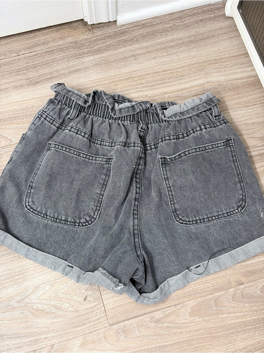 Women’s High-Waist Paperbag Jean Shorts in Washed Gray